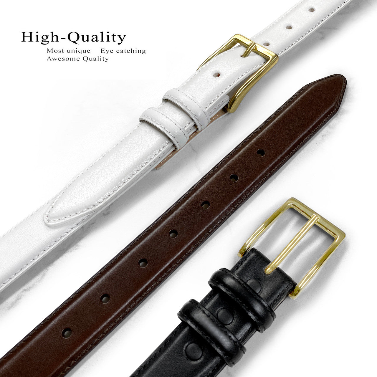 Gold Adam Solid Brass Buckle Genuine Full-Grain Cowhide Leather Dress Belt 1-1/8"(30mm) Wide