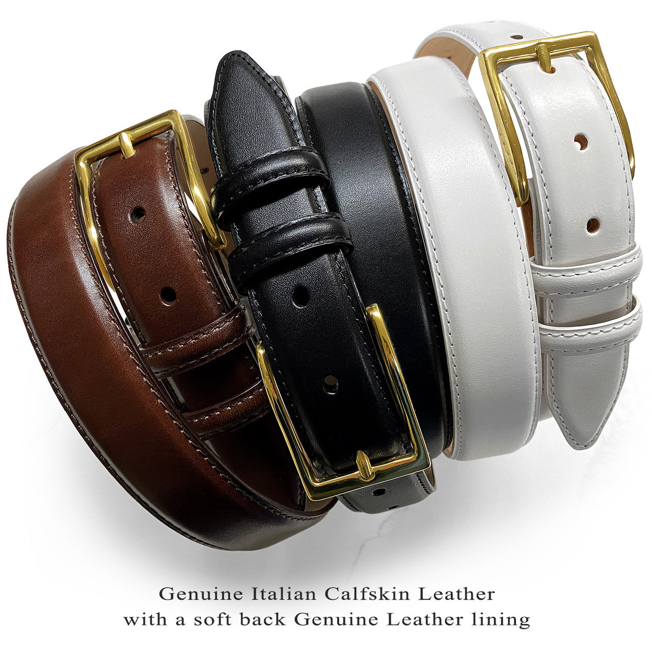 Gold Adam Solid Brass Buckle Genuine Full-Grain Cowhide Leather Dress Belt 1-1/8"(30mm) Wide