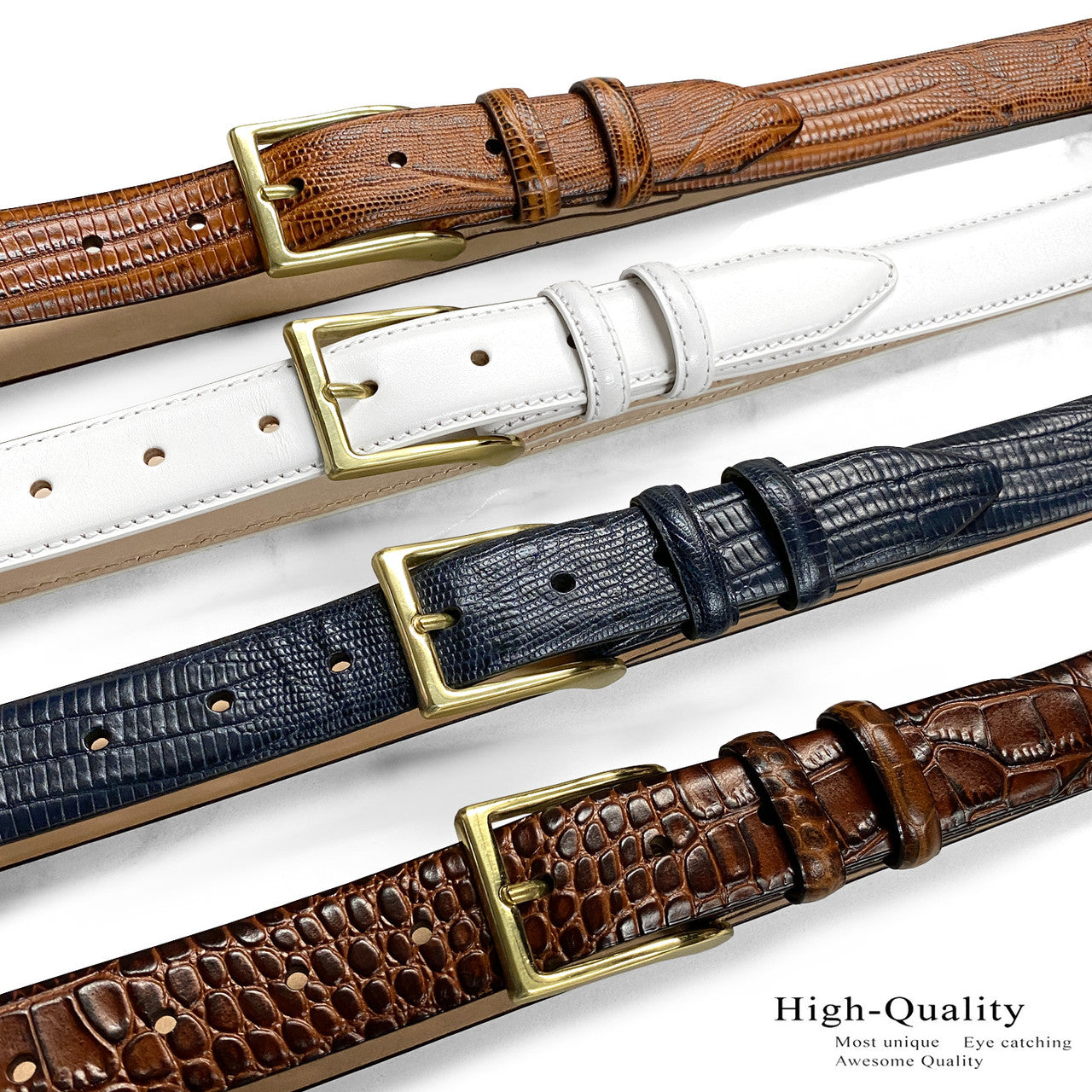 Gold Adam Solid Brass Buckle Genuine Full-Grain Cowhide Leather Dress Belt 1-1/8"(30mm) Wide