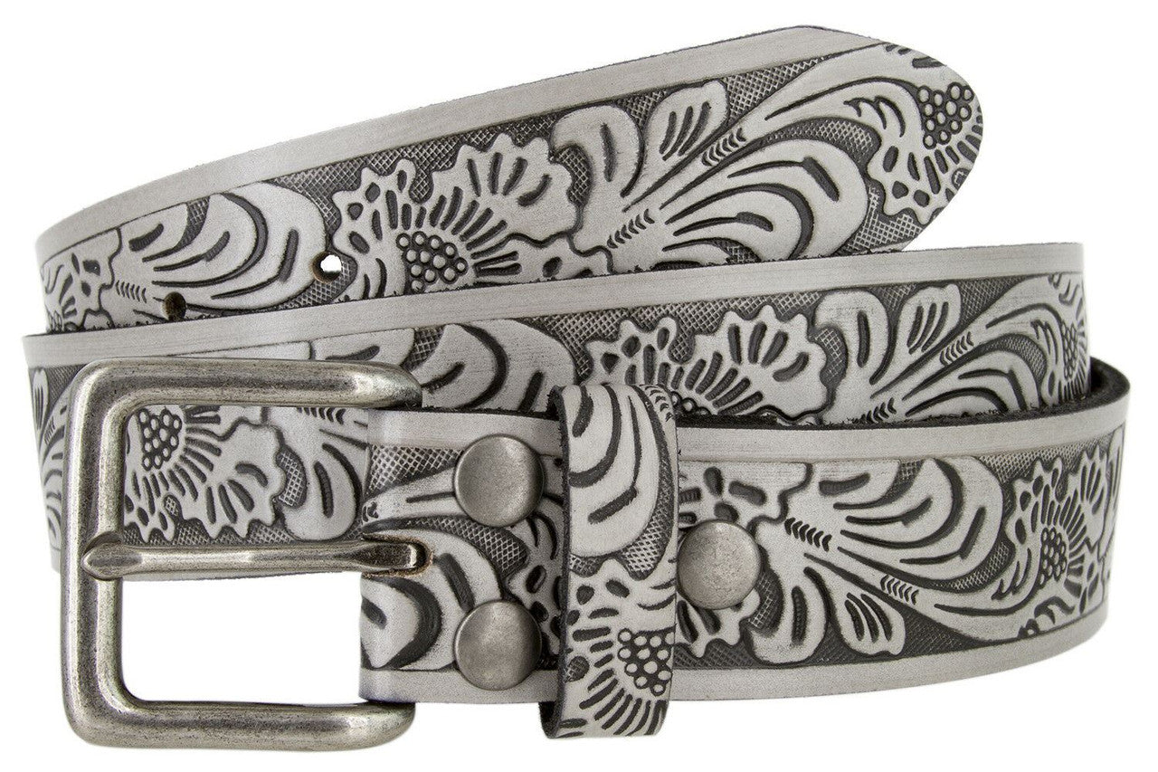 Western Floral Engraved Embossed Tooled Genuine Leather Casual Jean Belt 1-1/2"(38mm) Wide