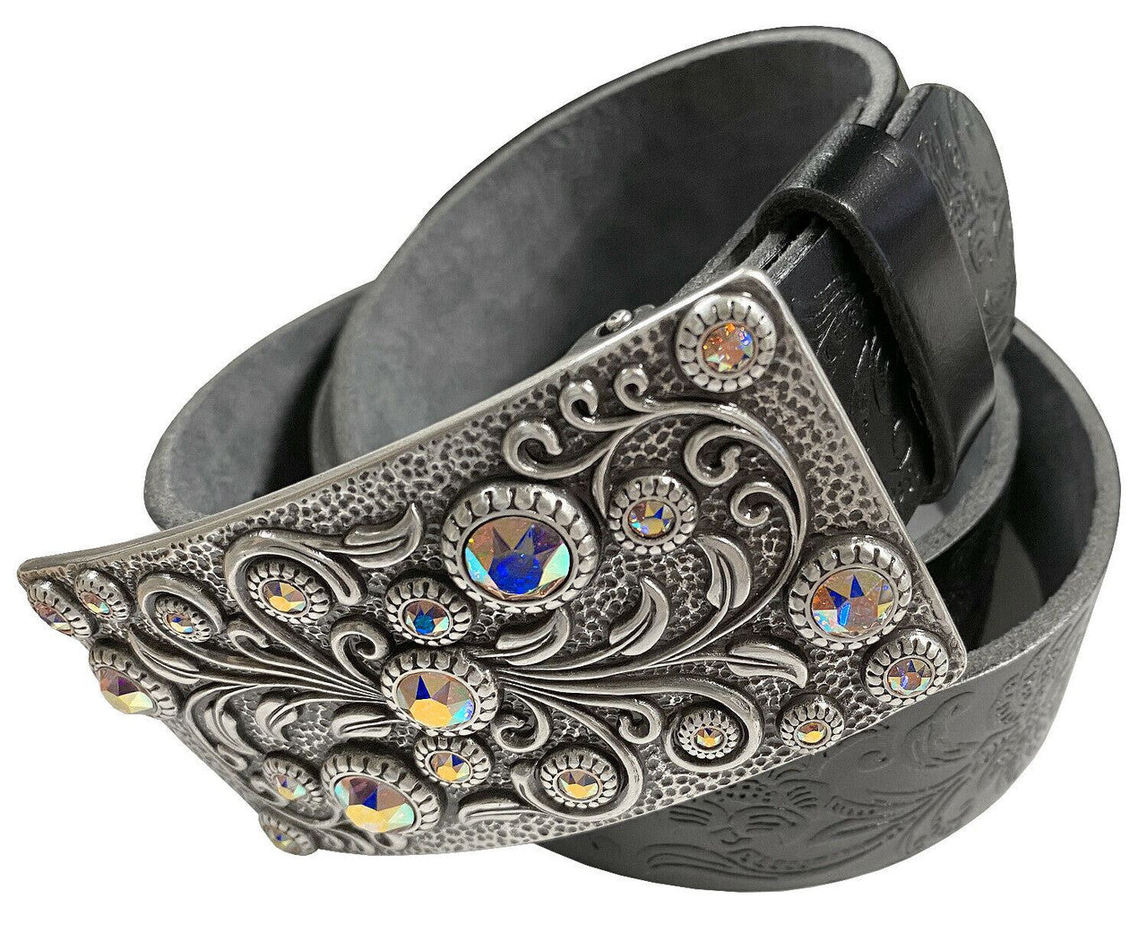 Rhinestone Belt Rhinestone Crystal Buckle Full Grain Tooled Leather Belt 1-1/2"(38mm) Wide