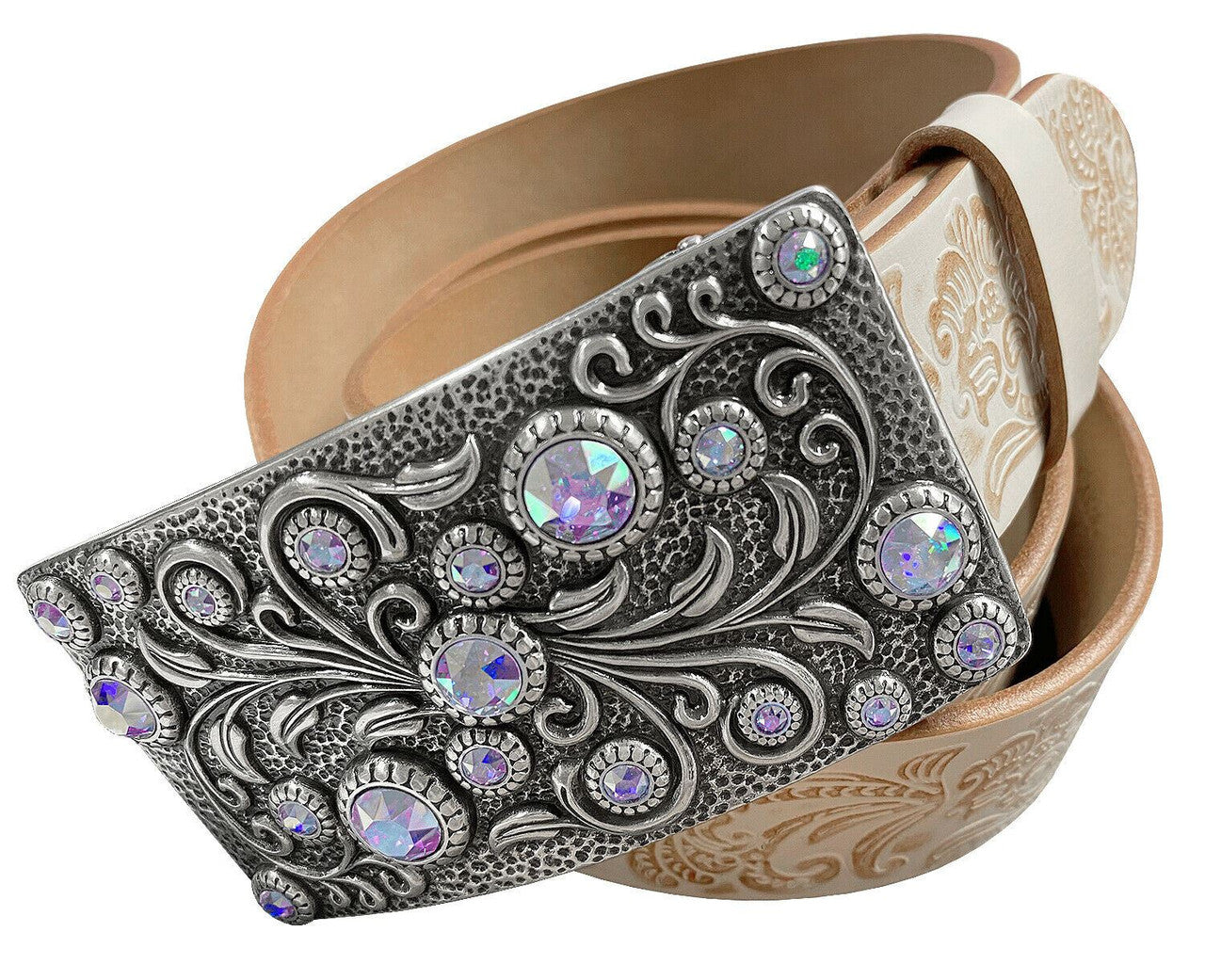 Rhinestone Belt Rhinestone Crystal Buckle Full Grain Tooled Leather Belt 1-1/2"(38mm) Wide