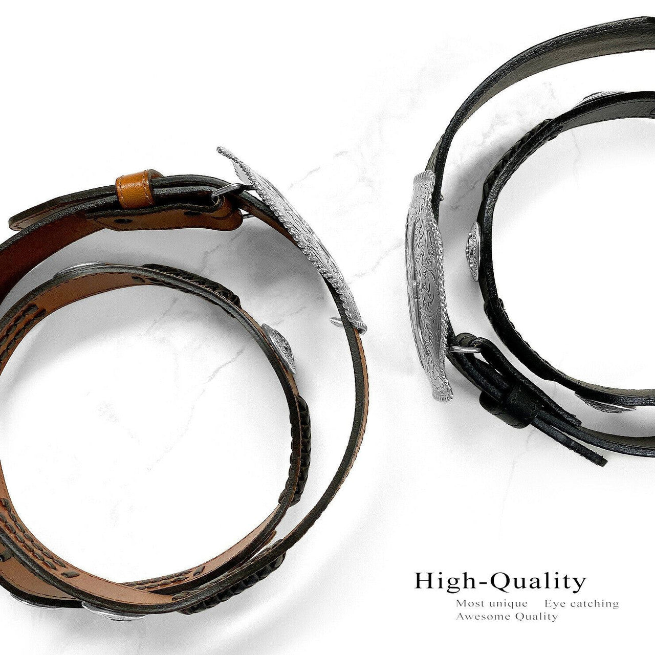 Western Gold Longhorn Buckle Star Conchos Embossed Full Grain Leather Belt 1-1/2" (38mm) Wide