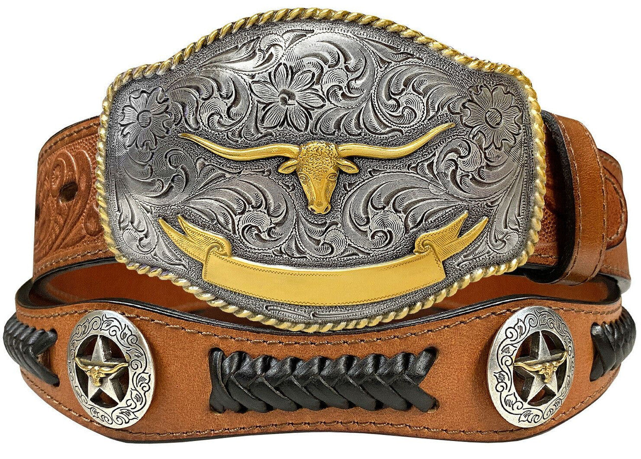 Western Gold Longhorn Buckle Star Conchos Embossed Full Grain Leather Belt 1-1/2" (38mm) Wide