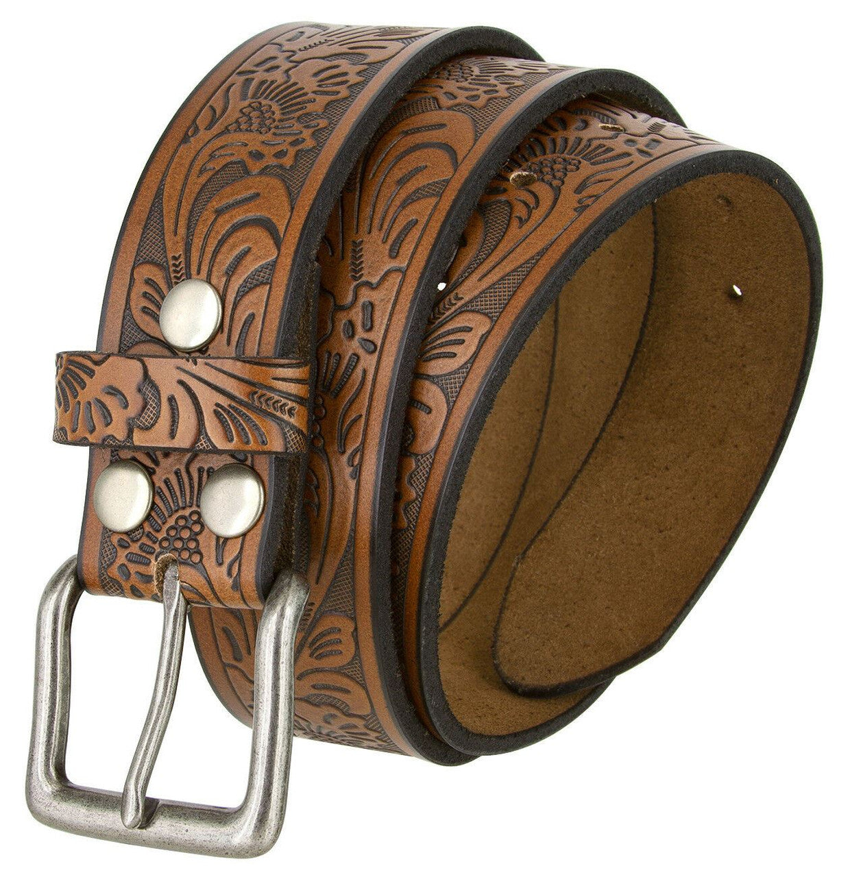 Western Floral Engraved Embossed Tooled Genuine Leather Casual Jean Belt 1-1/2"(38mm) Wide