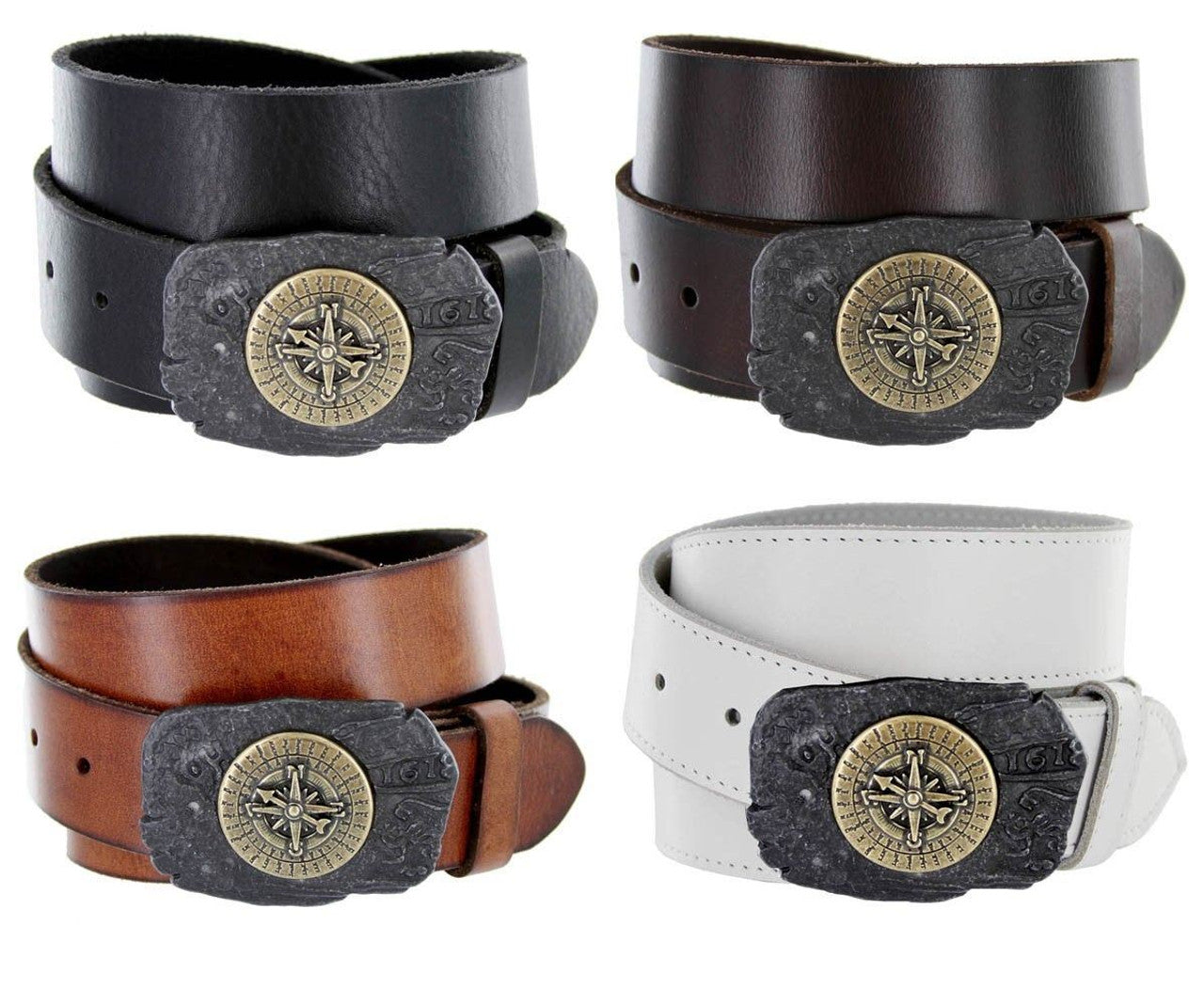 Pirate Compass Buckle Genuine Full Grain Leather Casual Jean Belt 1-1/2"(38mm) Wide