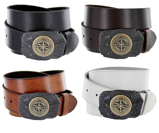 Pirate Compass Buckle Genuine Full Grain Leather Casual Jean Belt 1-1/2"(38mm) Wide