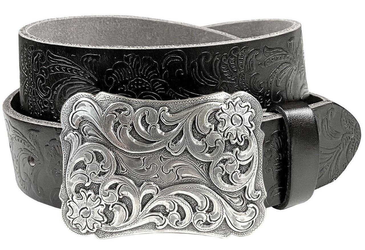 Cowtown Western Floral Engraved Buckle Tooled Full Grain Leather Belt 1-1/2"(38mm) Wide
