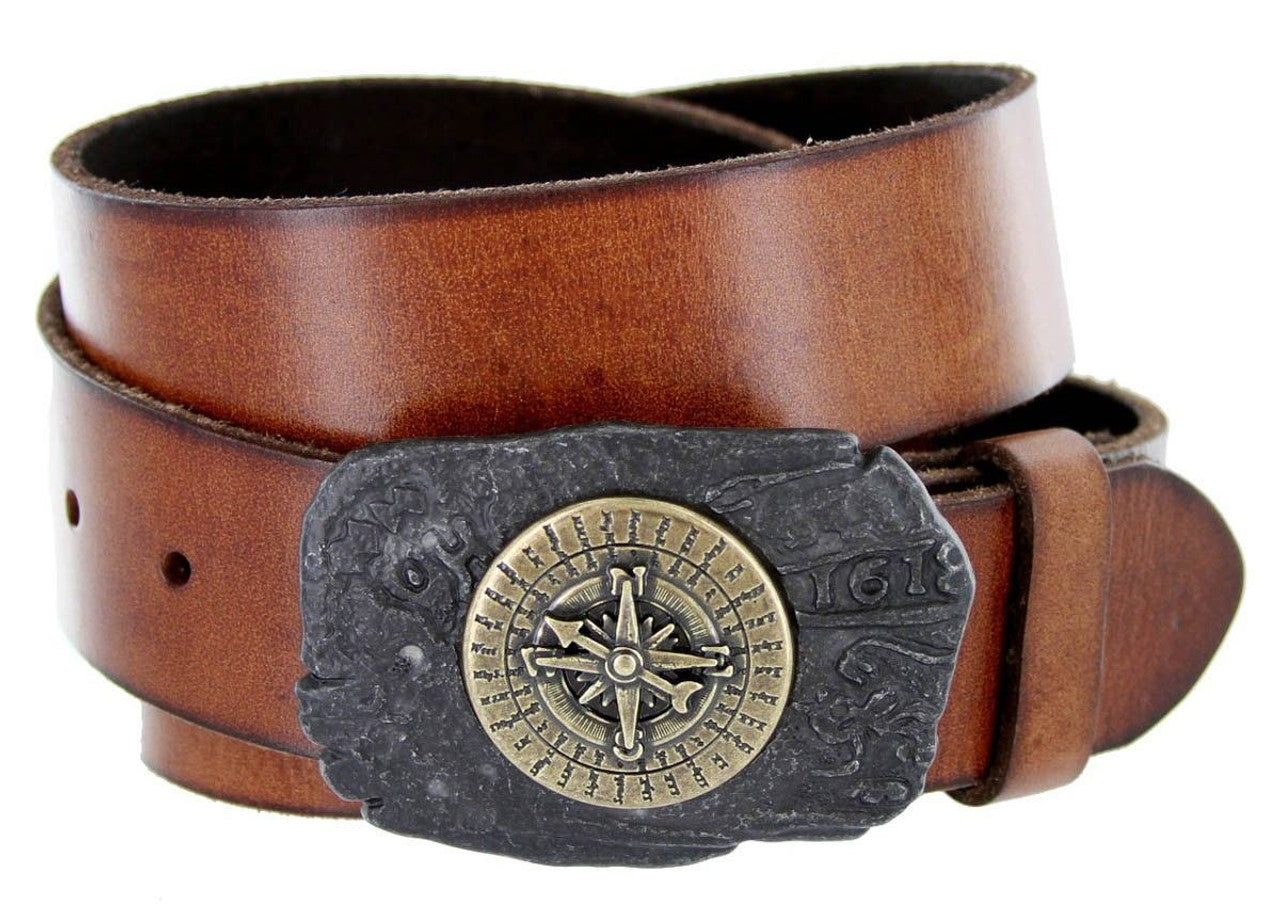 Pirate Compass Buckle Genuine Full Grain Leather Casual Jean Belt 1-1/2"(38mm) Wide