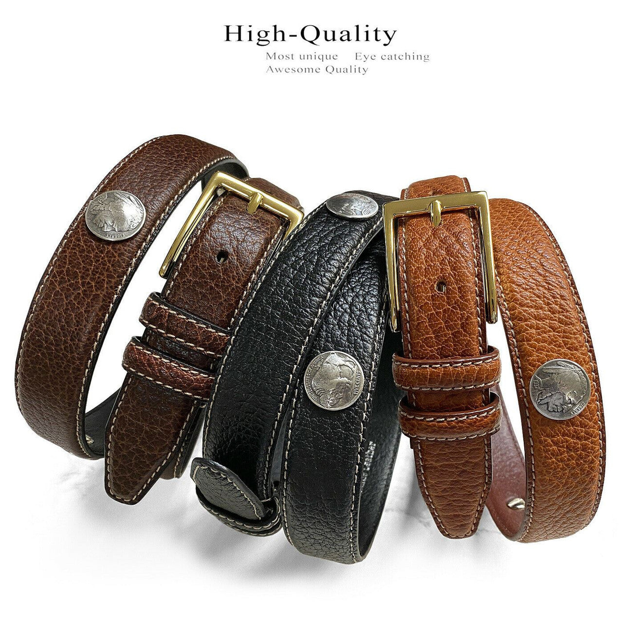 Men's Conchos Belt Genuine Leather Casual Dress Belt 1-1/8"(30mm) Wide