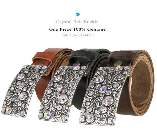 Rhinestone Belt Rhinestone Crystal Buckle Full Grain Leather Belt 1-1/2"(38mm) Wide