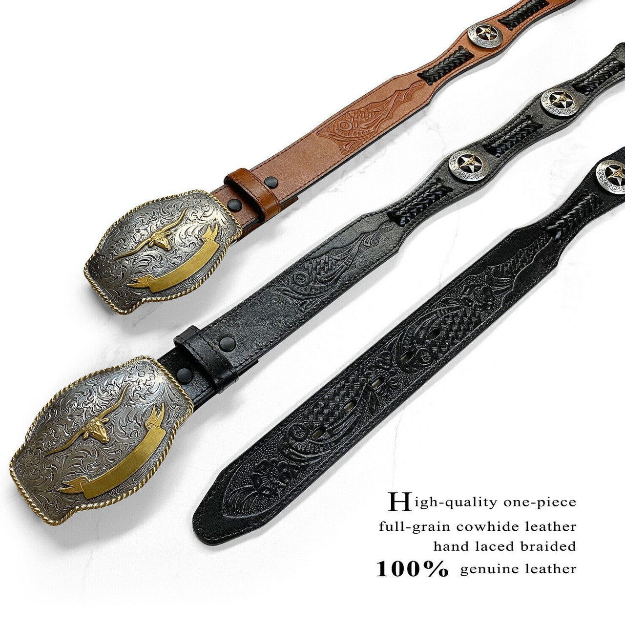 Western Gold Longhorn Buckle Star Conchos Embossed Full Grain Leather Belt 1-1/2" (38mm) Wide
