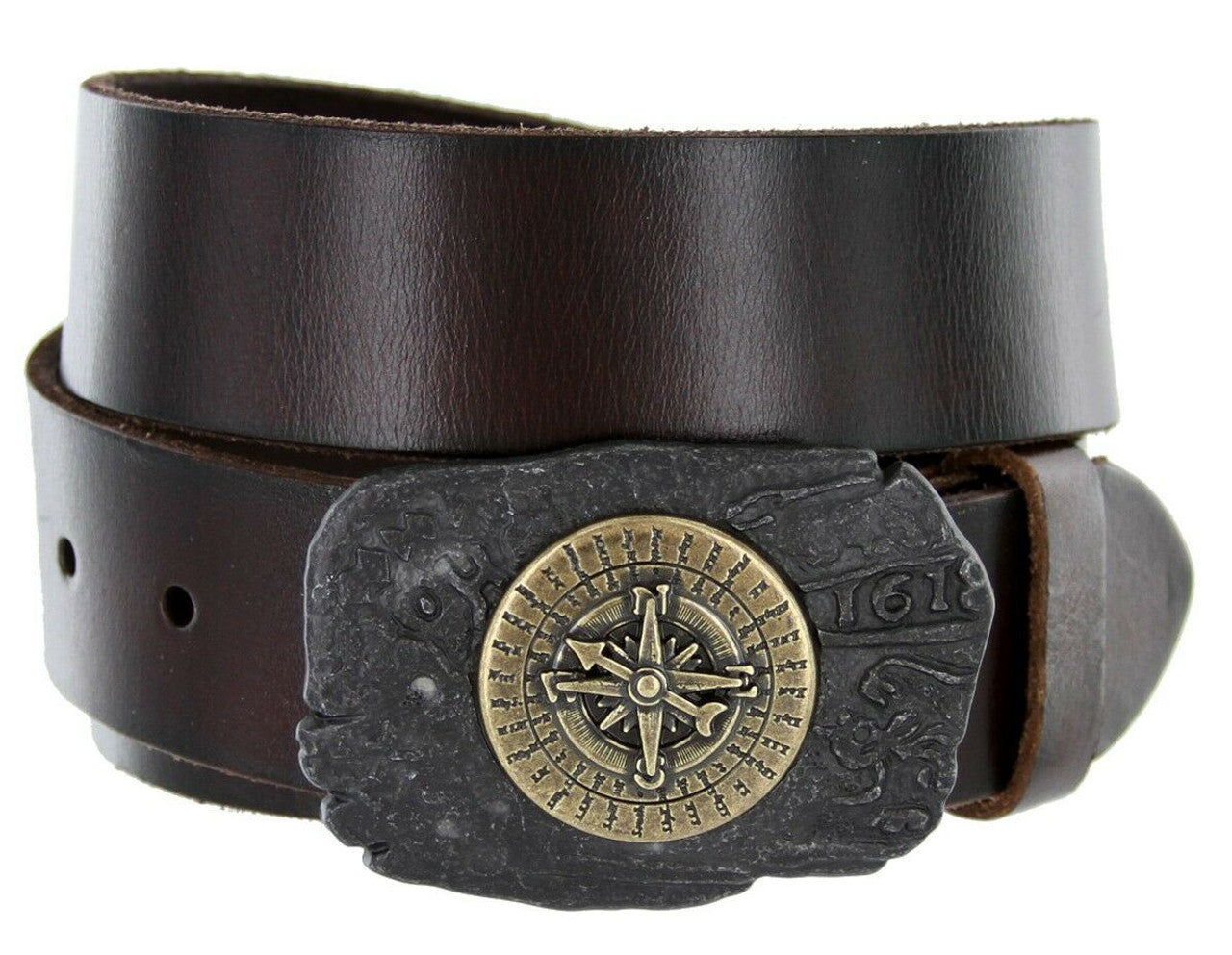 Pirate Compass Buckle Genuine Full Grain Leather Casual Jean Belt 1-1/2"(38mm) Wide