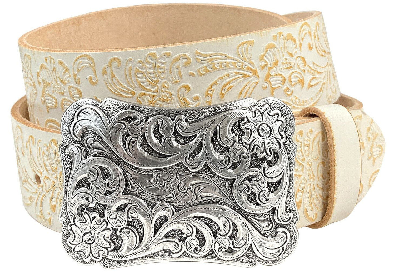Cowtown Western Floral Engraved Buckle Tooled Full Grain Leather Belt 1-1/2"(38mm) Wide
