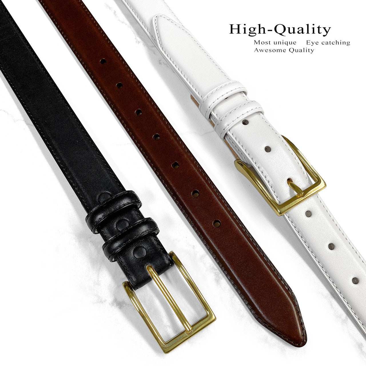 Gold Adam Solid Brass Buckle Genuine Full-Grain Cowhide Leather Dress Belt 1-1/8"(30mm) Wide