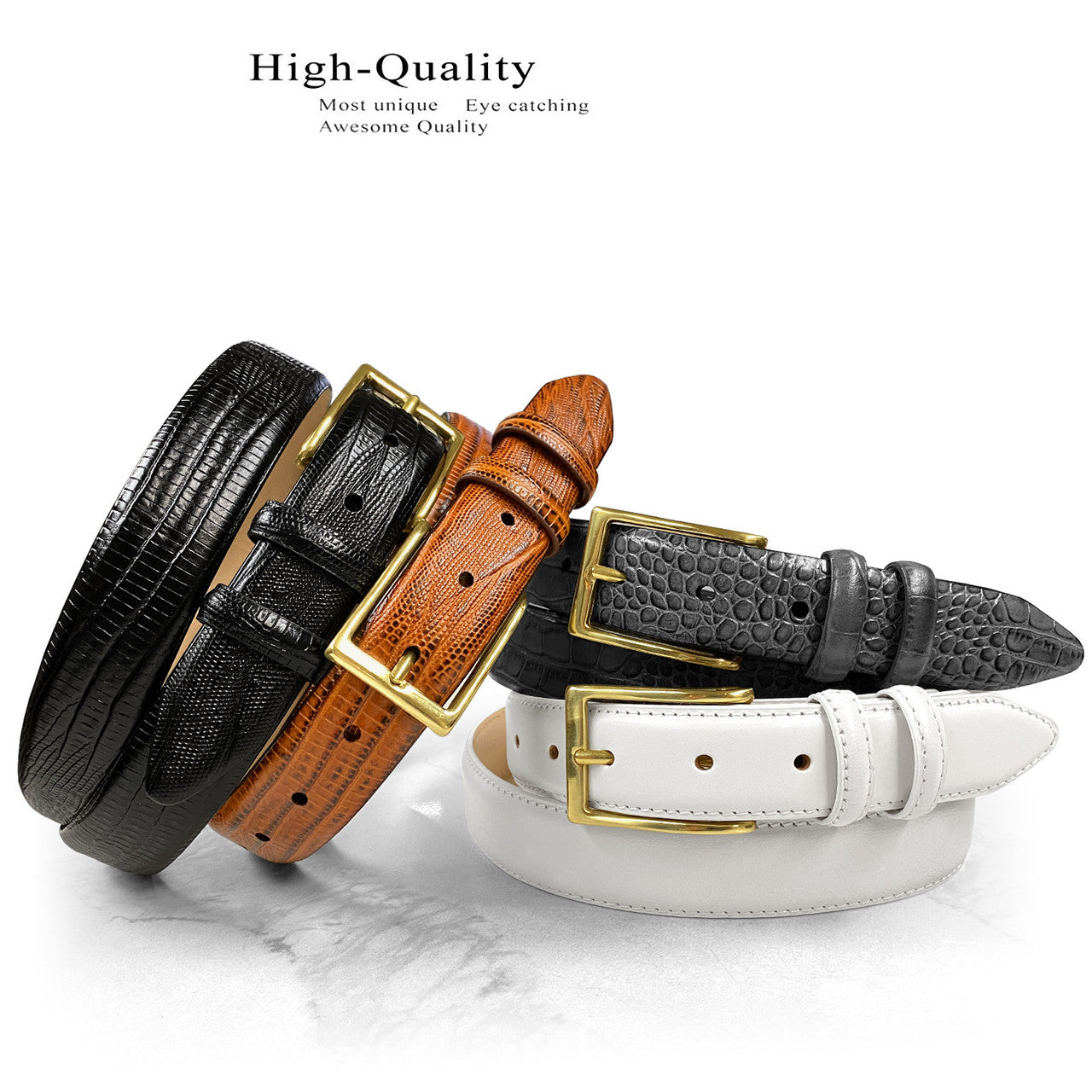 Gold Adam Solid Brass Buckle Genuine Full-Grain Cowhide Leather Dress Belt 1-1/8"(30mm) Wide