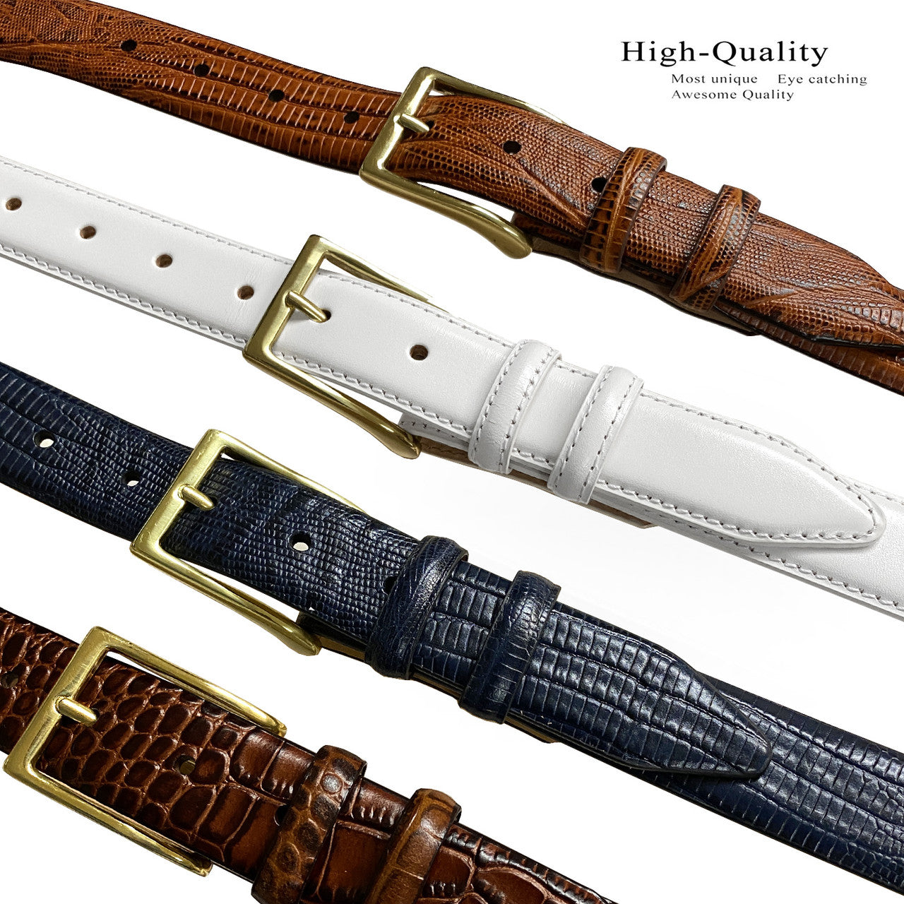 Gold Adam Solid Brass Buckle Genuine Full-Grain Cowhide Leather Dress Belt 1-1/8"(30mm) Wide