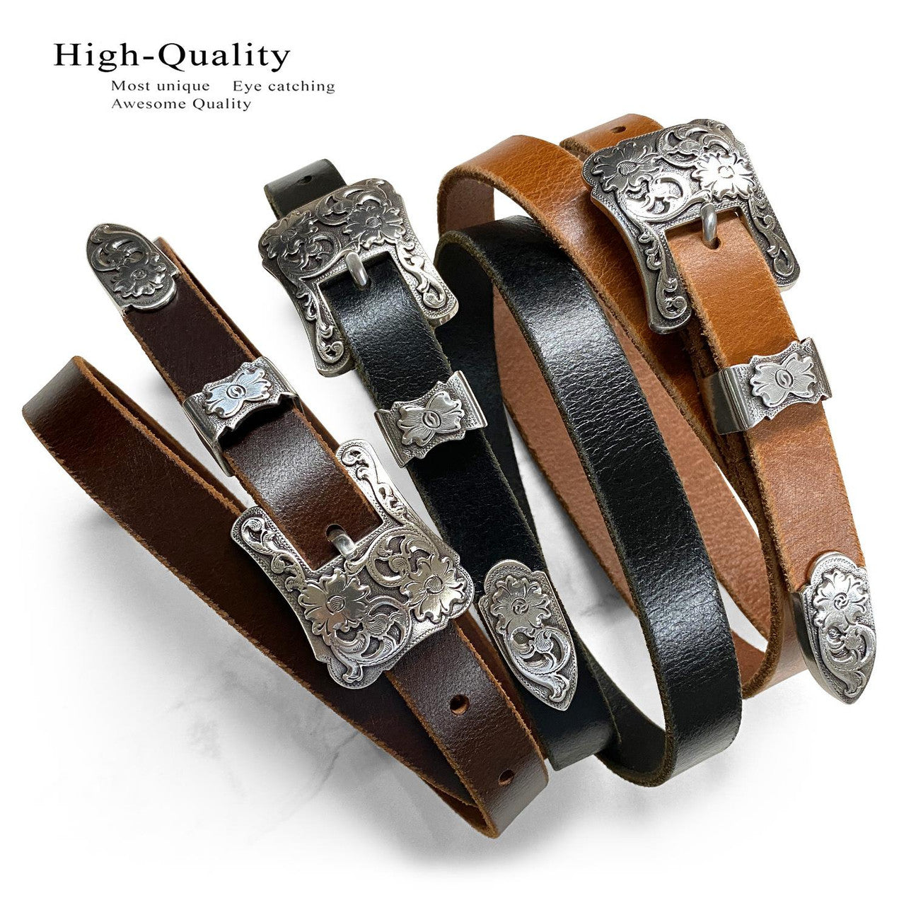 Women's Belt Antique Floral Engraved Buckle Genuine Full Grain Leather Dress Belt 3/4"(19mm) Wide