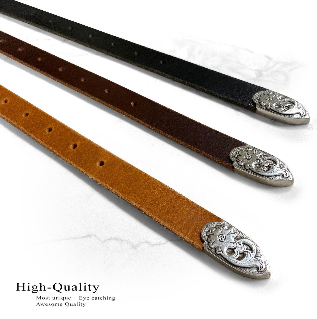Women's Belt Antique Floral Engraved Buckle Genuine Full Grain Leather Dress Belt 3/4"(19mm) Wide