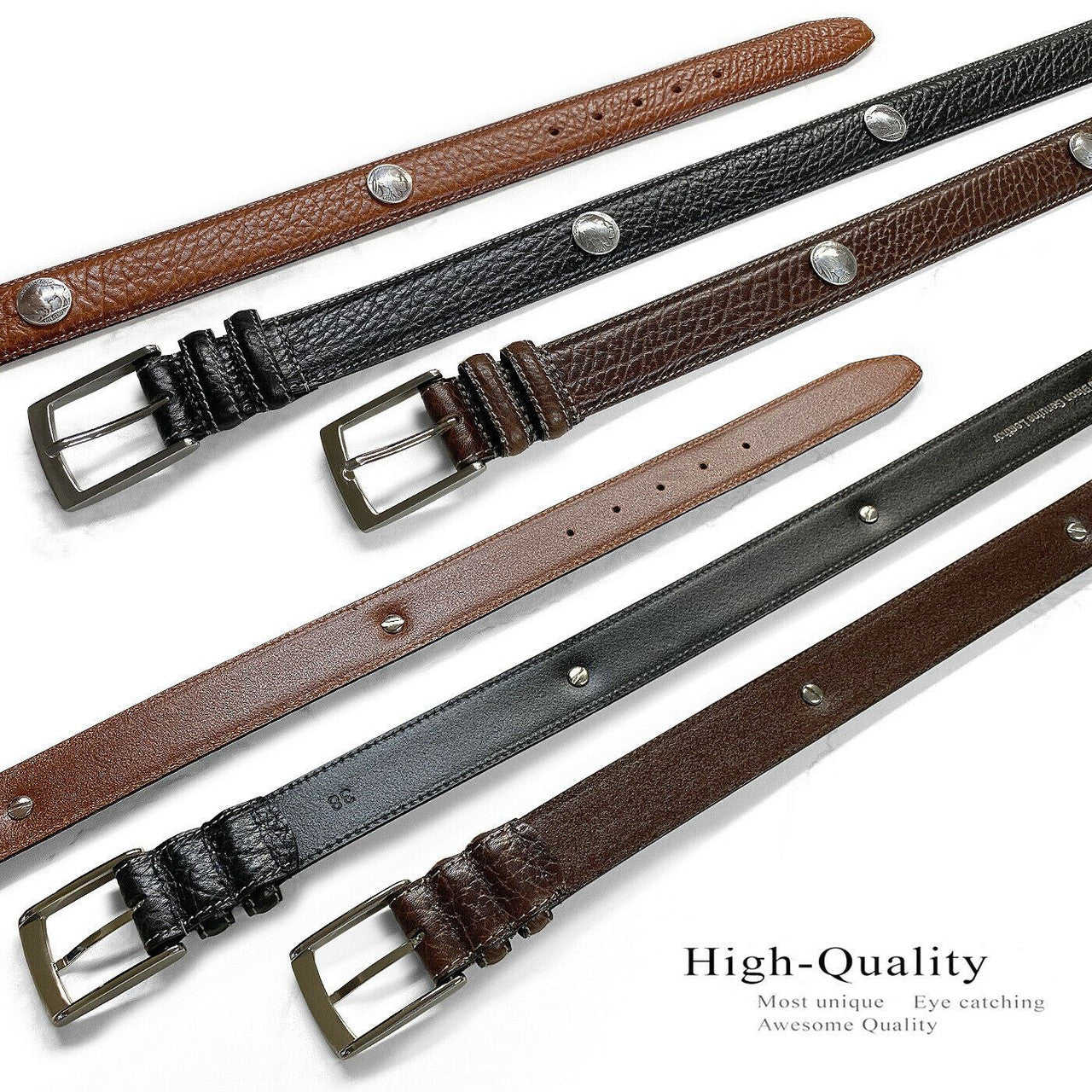 Men's Conchos Belt Genuine Leather Casual Dress Belt 1-3/8"(35mm) Wide