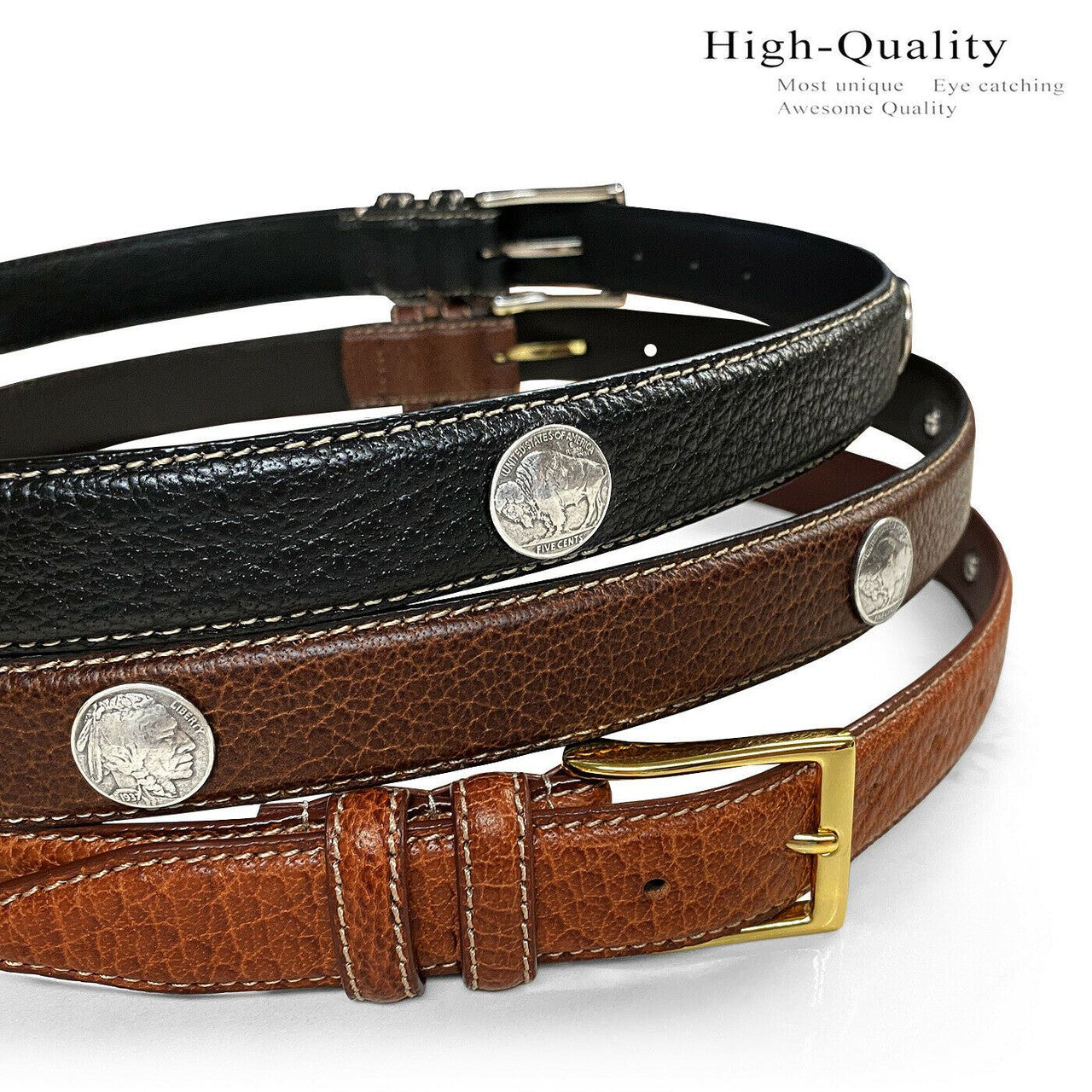 Men's Conchos Belt Genuine Leather Casual Dress Belt 1-1/8"(30mm) Wide