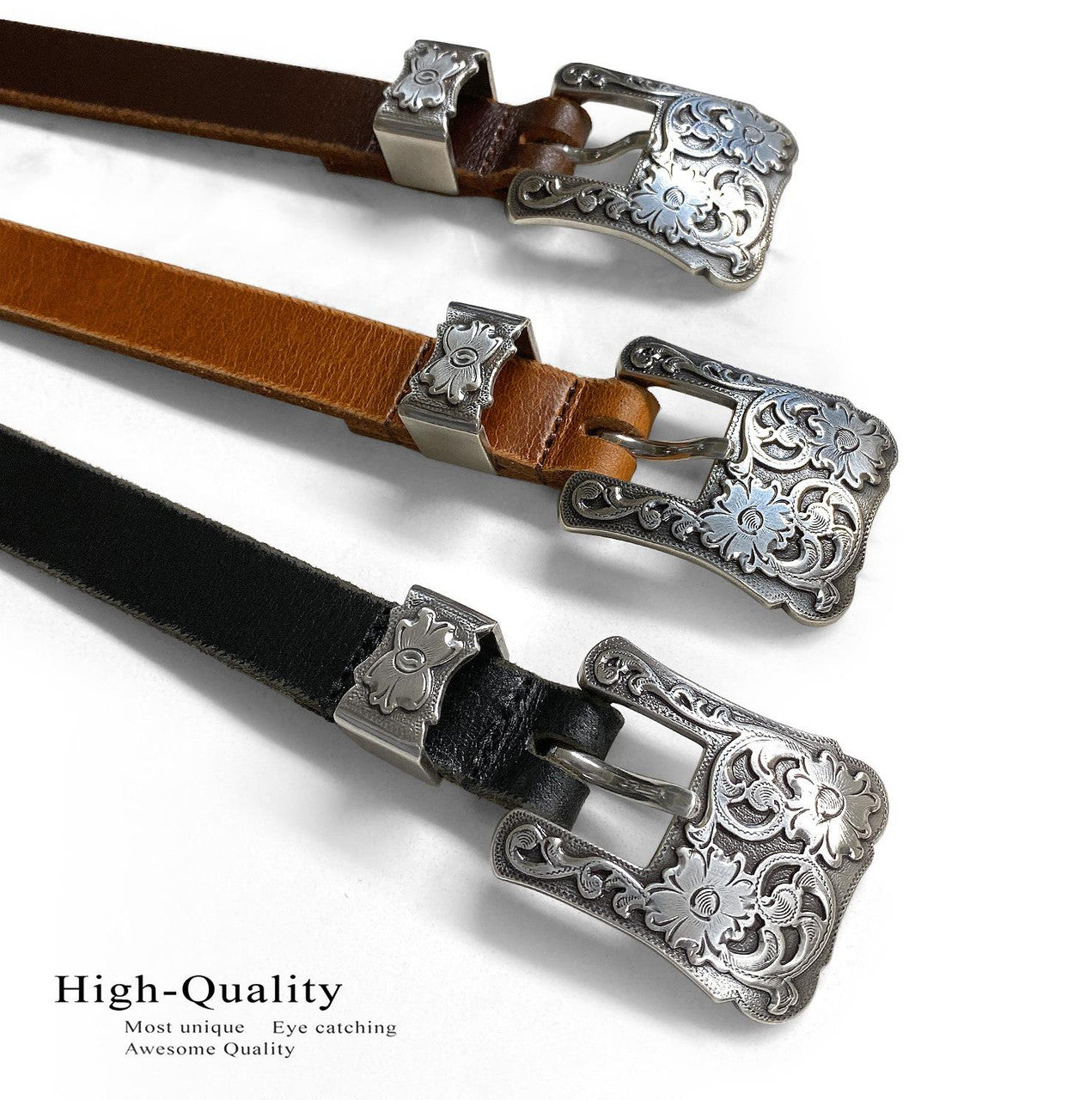 Women's Belt Antique Floral Engraved Buckle Genuine Full Grain Leather Dress Belt 3/4"(19mm) Wide