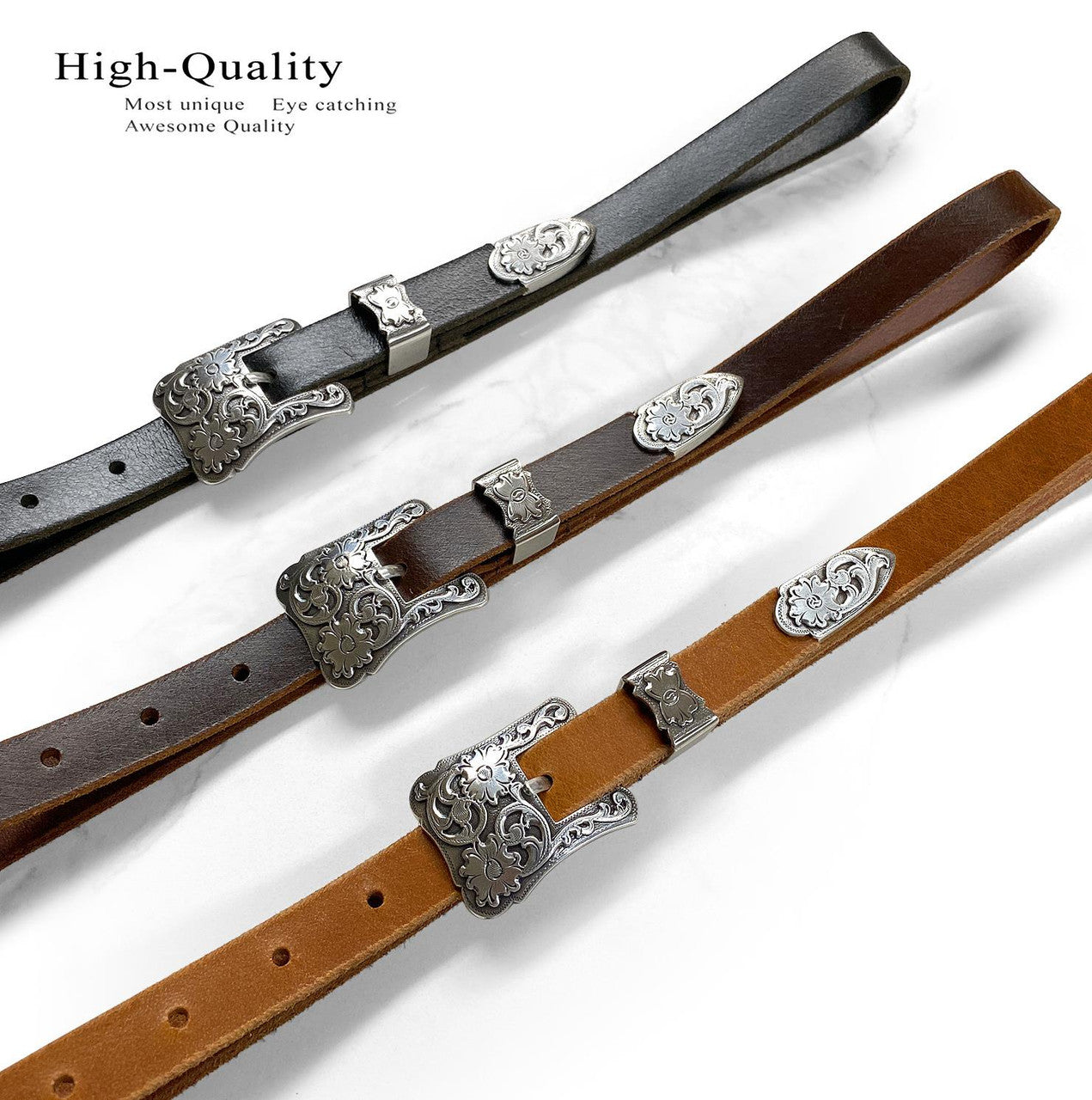Women's Belt Antique Floral Engraved Buckle Genuine Full Grain Leather Dress Belt 3/4"(19mm) Wide