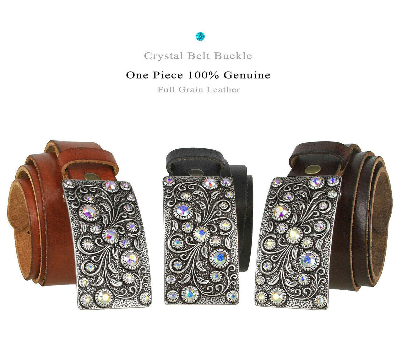 Rhinestone Belt Rhinestone Crystal Buckle Full Grain Leather Belt 1-1/2"(38mm) Wide