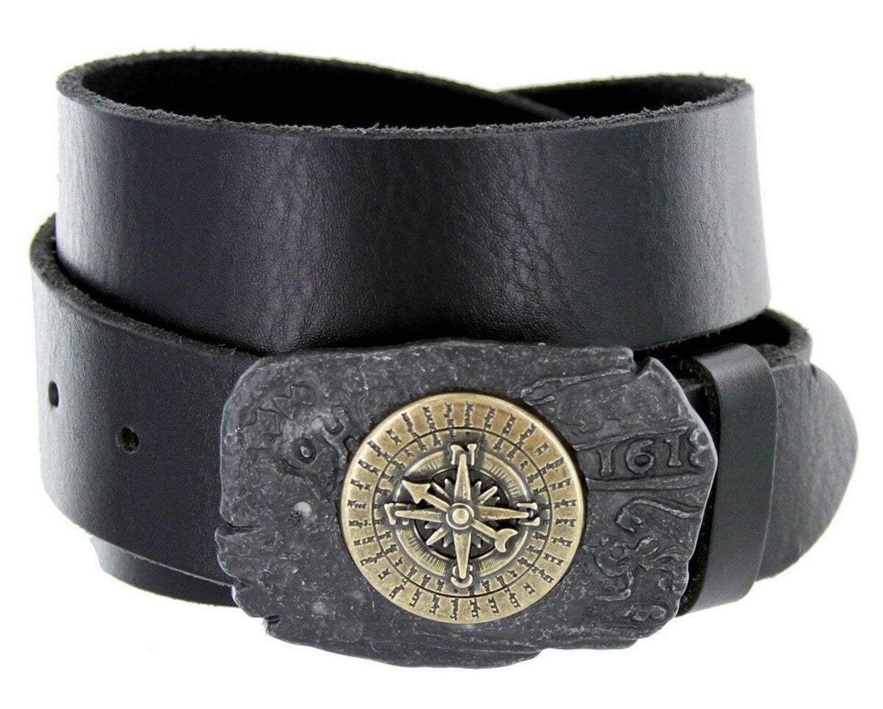 Pirate Compass Buckle Genuine Full Grain Leather Casual Jean Belt 1-1/2"(38mm) Wide