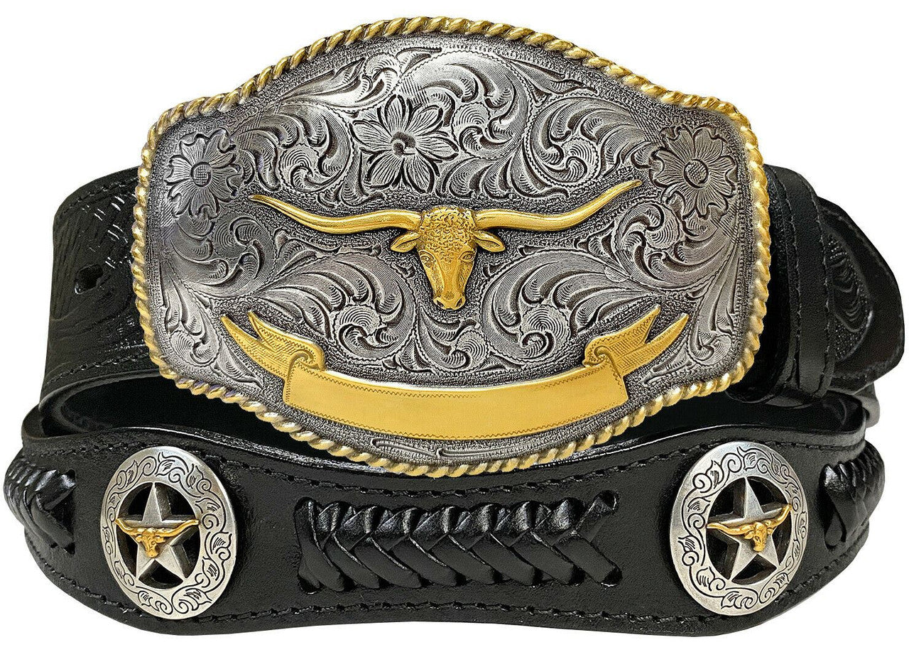 Western Gold Longhorn Buckle Star Conchos Embossed Full Grain Leather Belt 1-1/2" (38mm) Wide
