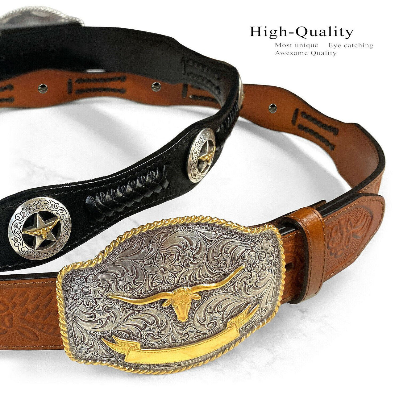 Western Gold Longhorn Buckle Star Conchos Embossed Full Grain Leather Belt 1-1/2" (38mm) Wide