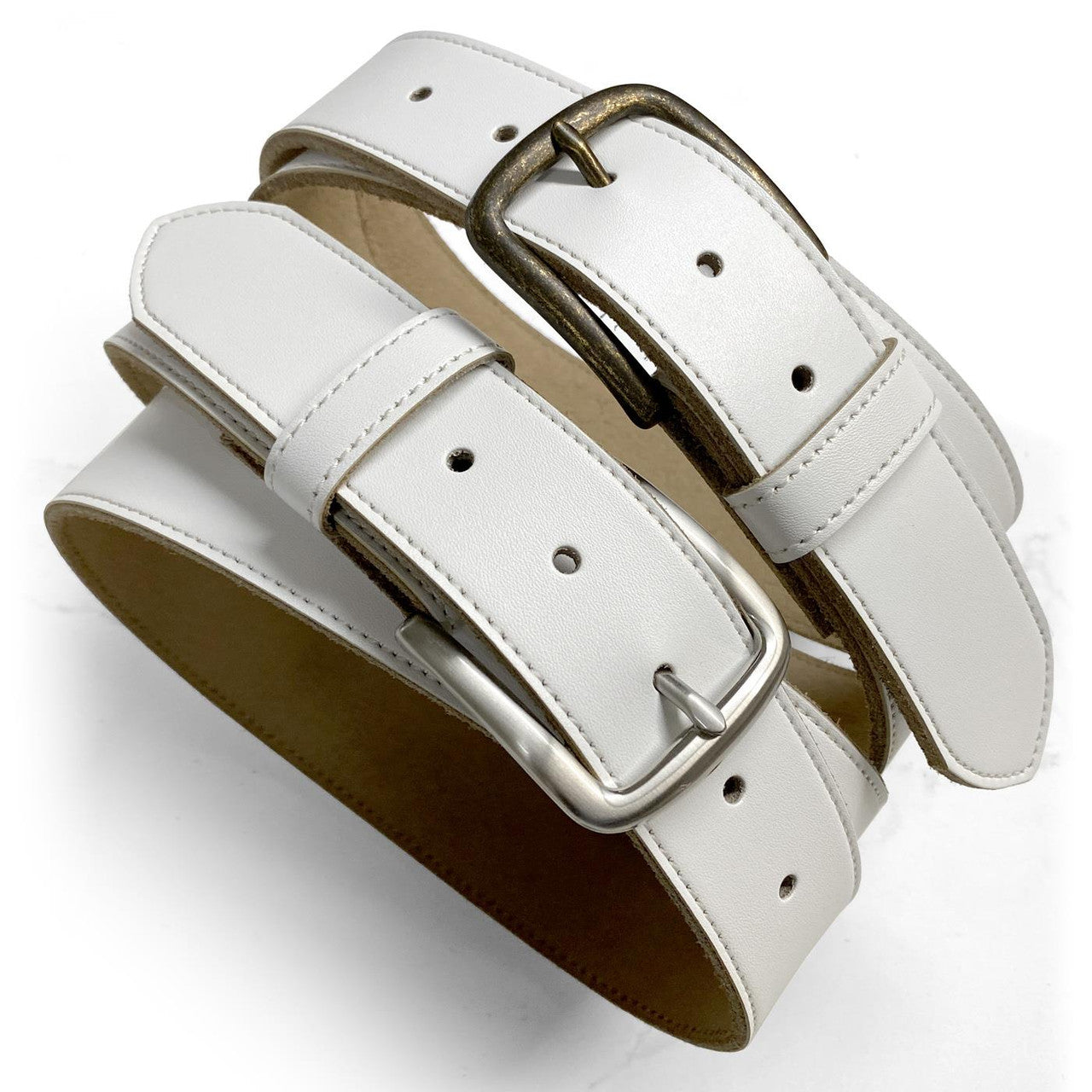 Classic Buckle White Belt Genuine Cowhide Leather Casual Jean Belt 1-1/2"(38mm) Wide