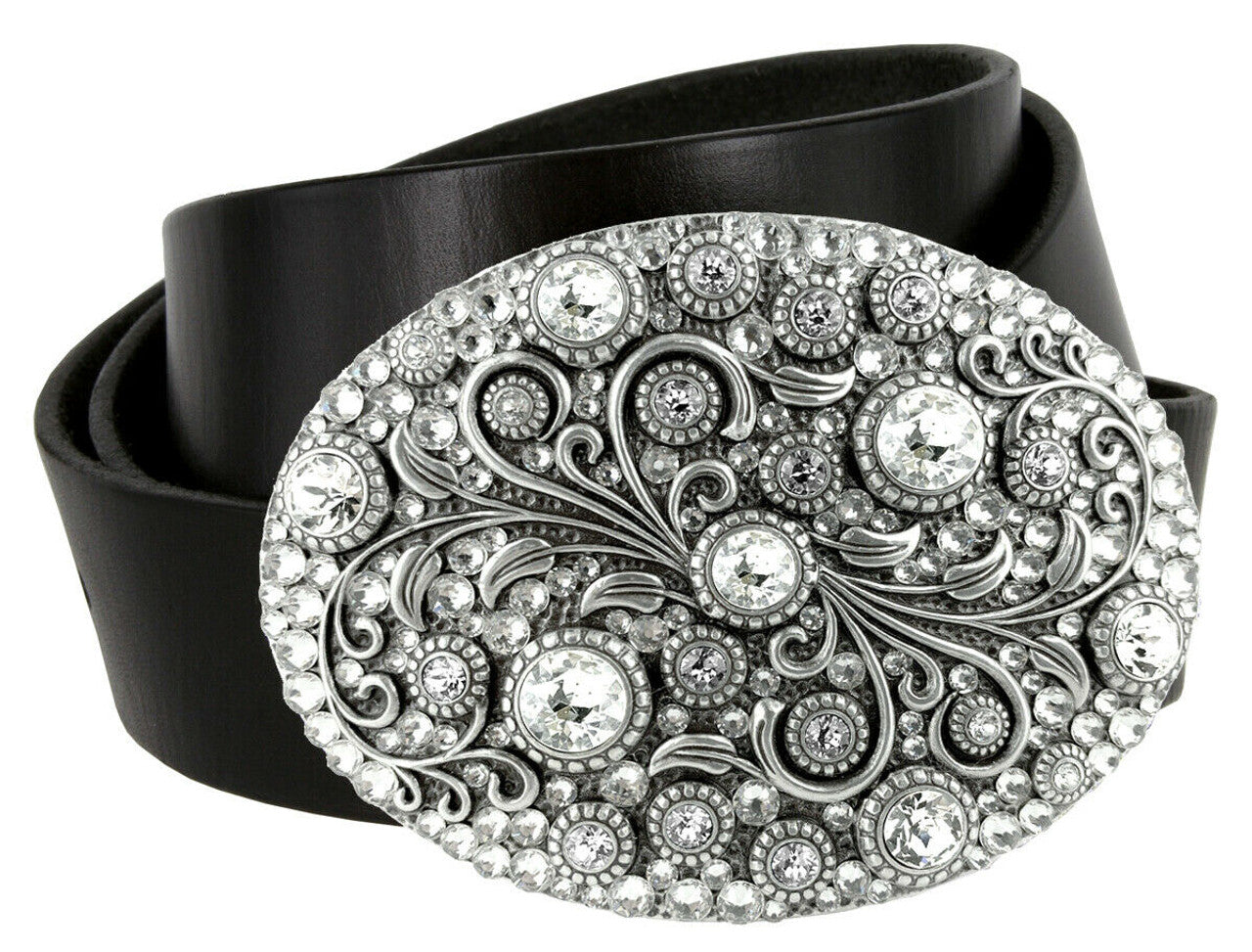Timeless Tranquility Rhinestone Crystal Floral Buckle Genuine Full Grain Leather Belt 1-1/2"(38mm) Wide