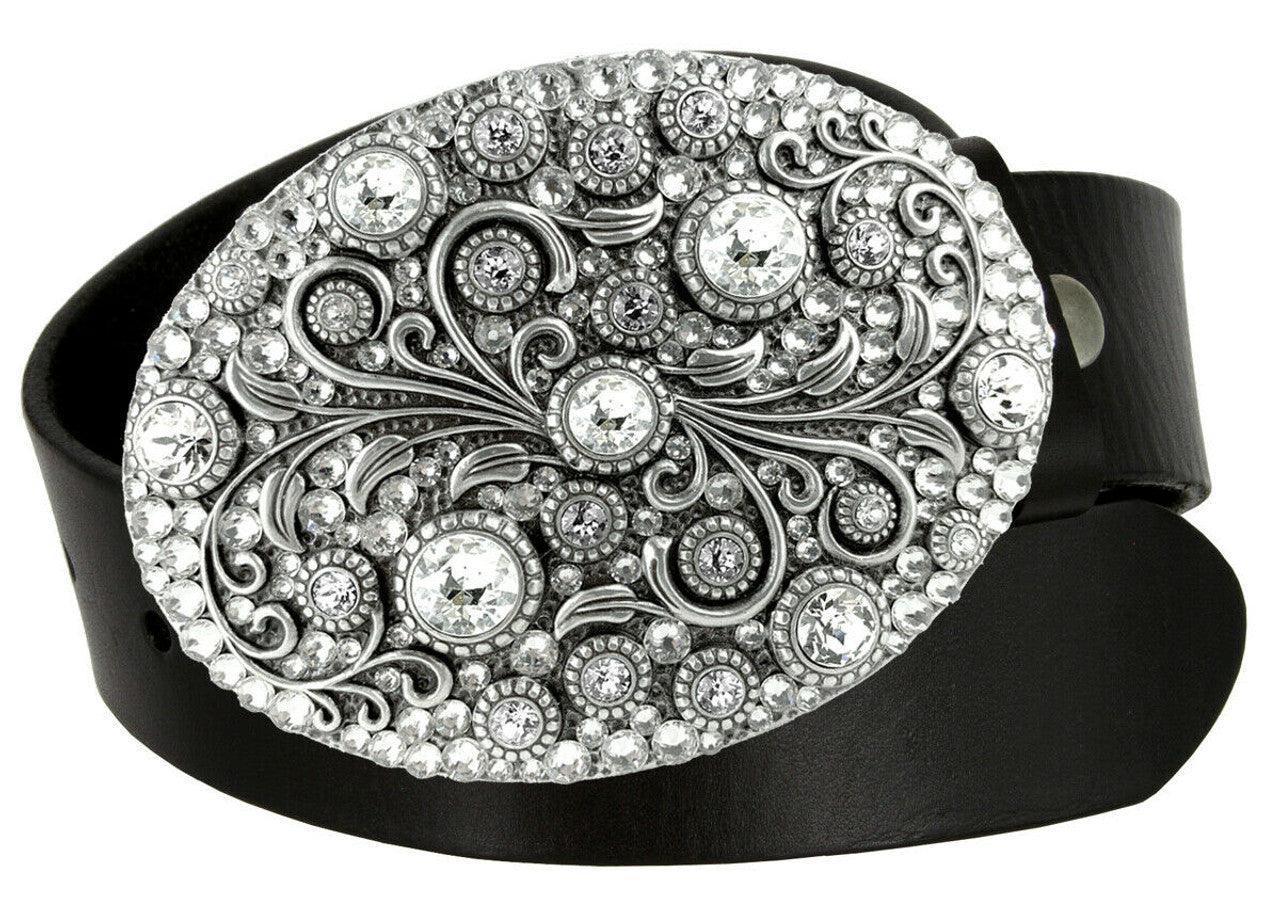 Timeless Tranquility Rhinestone Crystal Floral Buckle Genuine Full Grain Leather Belt 1-1/2"(38mm) Wide