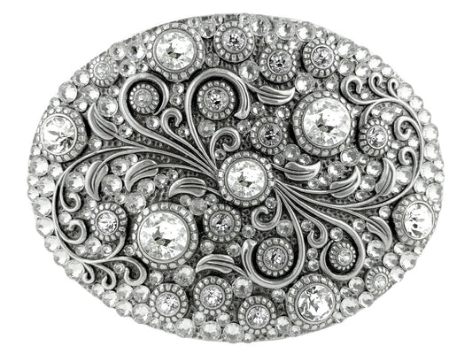 Timeless Tranquility Rhinestone Crystal Floral Buckle Genuine Full Grain Leather Belt 1-1/2"(38mm) Wide