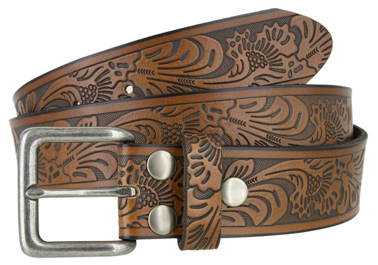 Western Floral Engraved Embossed Tooled Genuine Leather Casual Jean Belt 1-1/2"(38mm) Wide
