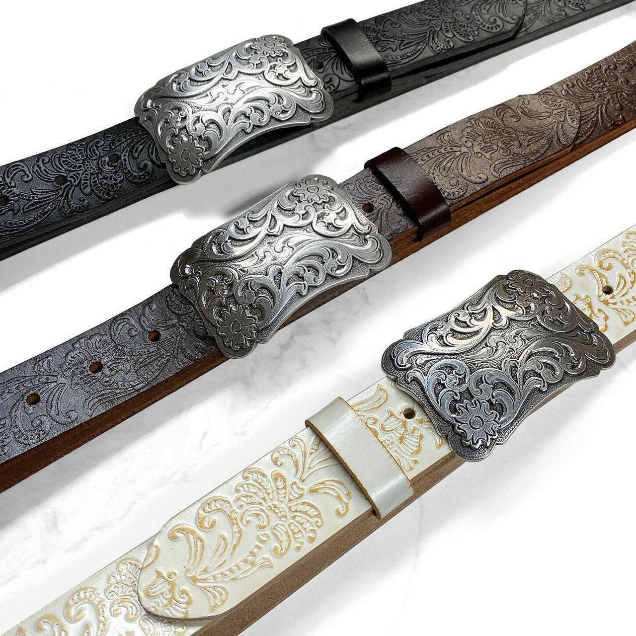 Cowtown Western Floral Engraved Buckle Tooled Full Grain Leather Belt 1-1/2"(38mm) Wide