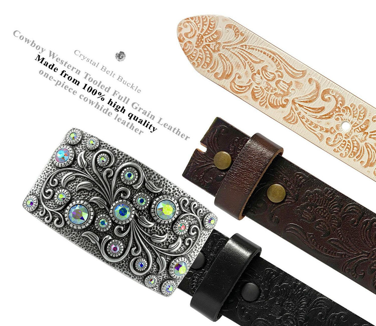 Rhinestone Belt Rhinestone Crystal Buckle Full Grain Tooled Leather Belt 1-1/2"(38mm) Wide