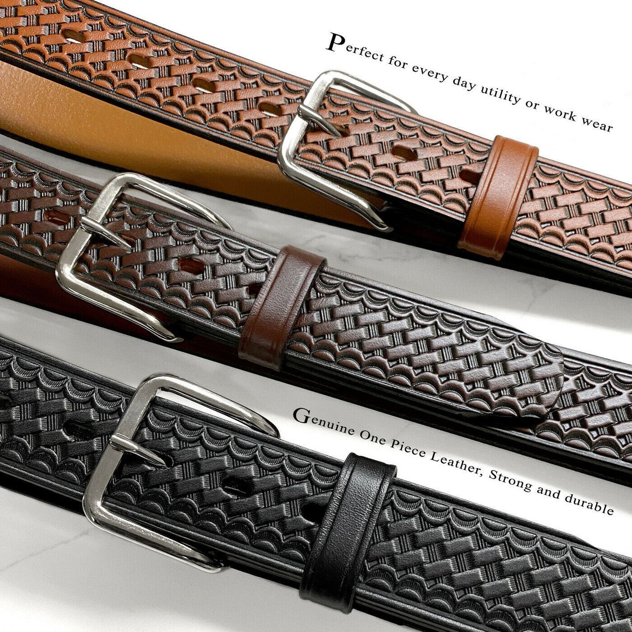 CL871-A Utility Uniform Work Belt Basketweave One Piece Full Grain Cowhide Leather Belt 1-1/2"(38mm) Wide