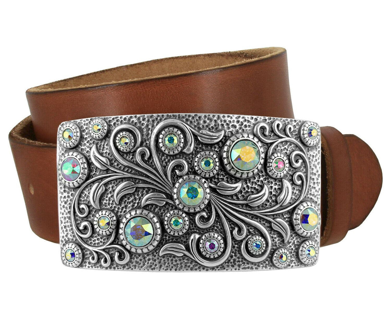 Rhinestone Belt Rhinestone Crystal Buckle Full Grain Leather Belt 1-1/2"(38mm) Wide