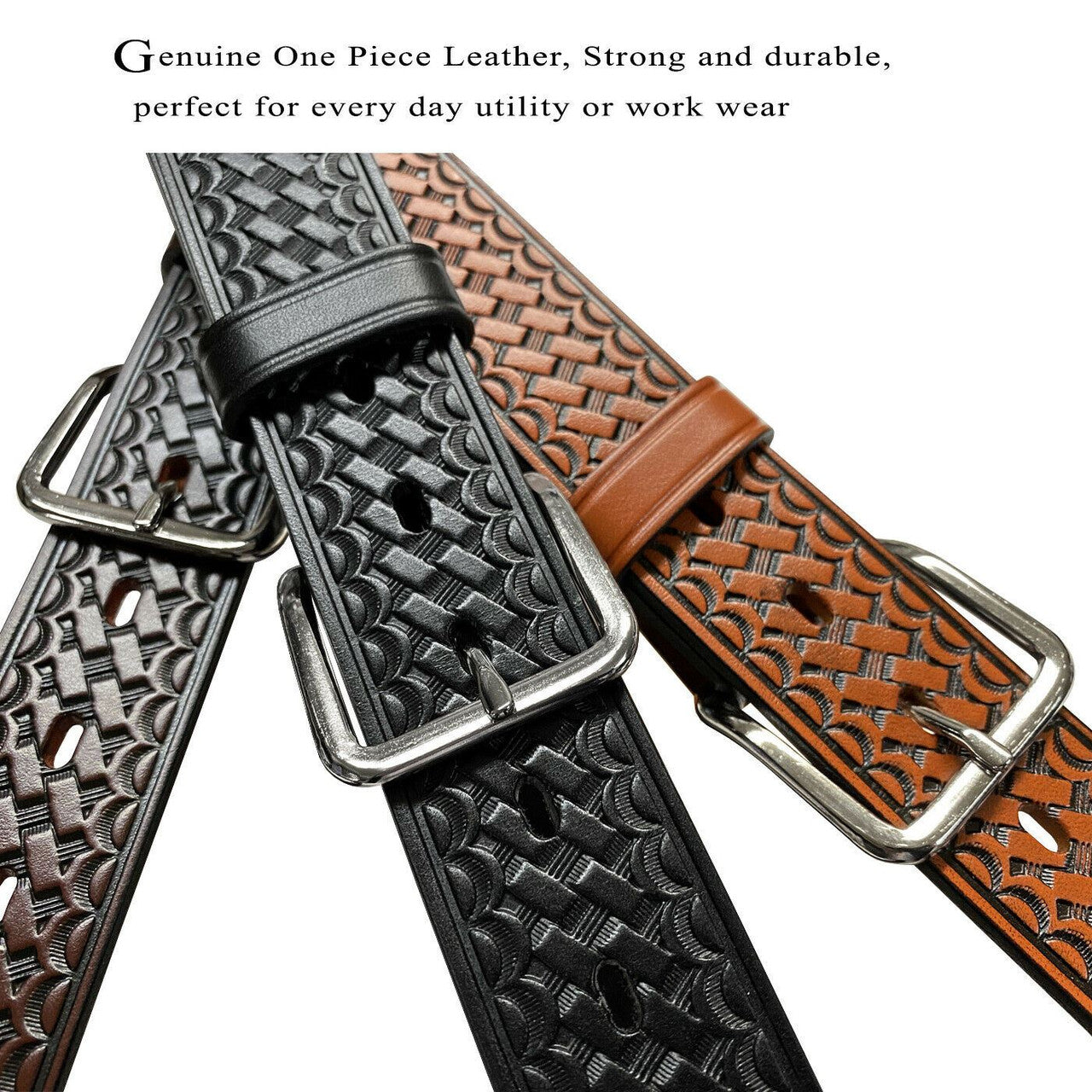 CL871-A Utility Uniform Work Belt Basketweave One Piece Full Grain Cowhide Leather Belt 1-1/2"(38mm) Wide