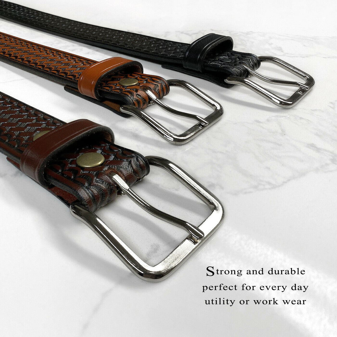 CL871-A Utility Uniform Work Belt Basketweave One Piece Full Grain Cowhide Leather Belt 1-1/2"(38mm) Wide