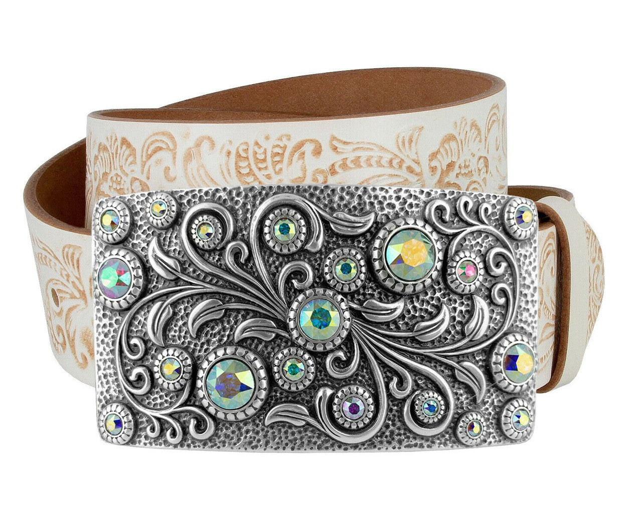 Rhinestone Belt Rhinestone Crystal Buckle Full Grain Tooled Leather Belt 1-1/2"(38mm) Wide