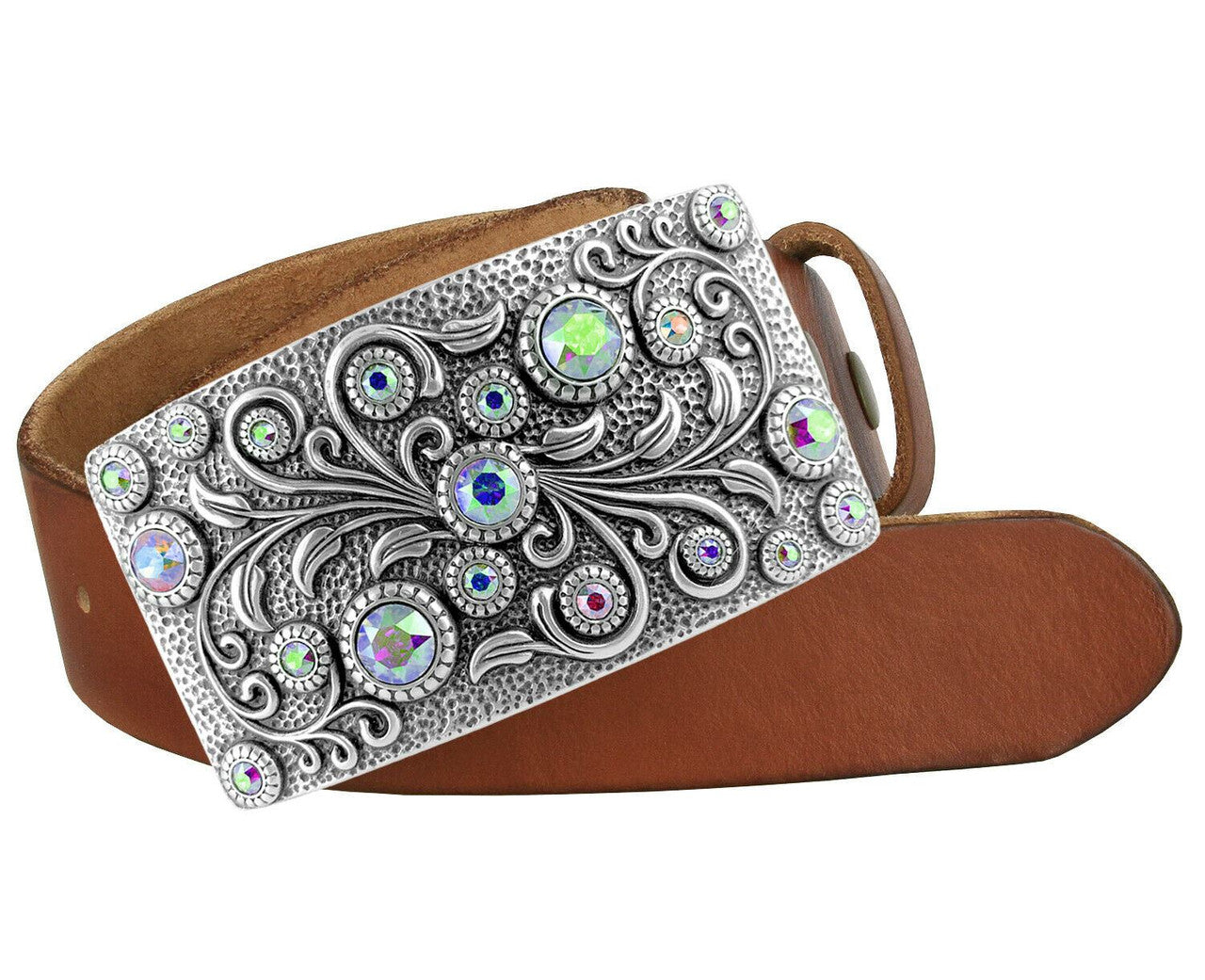 Rhinestone Belt Rhinestone Crystal Buckle Full Grain Leather Belt 1-1/2"(38mm) Wide