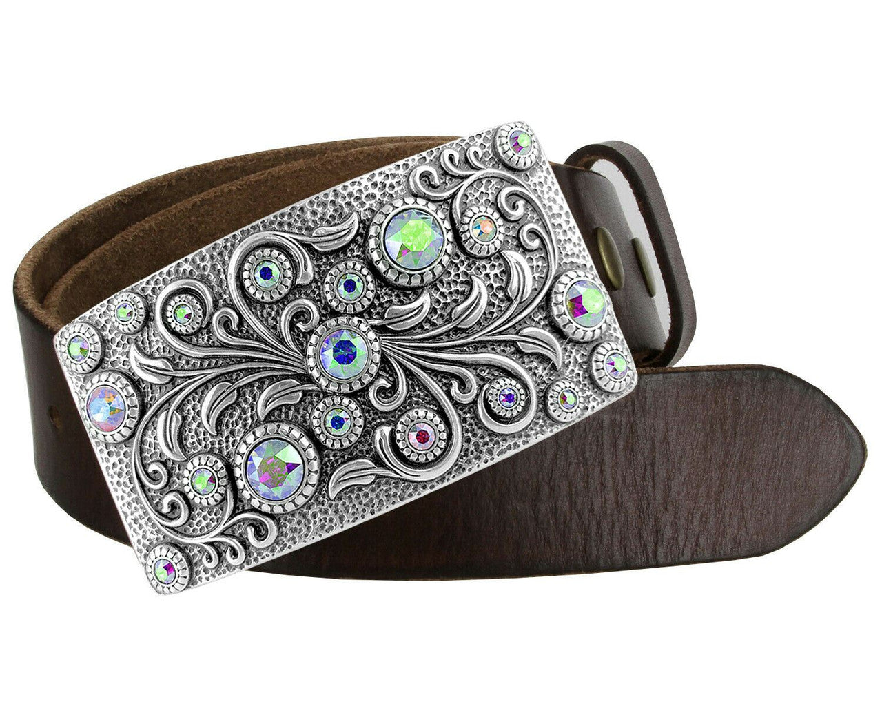 Rhinestone Belt Rhinestone Crystal Buckle Full Grain Leather Belt 1-1/2"(38mm) Wide