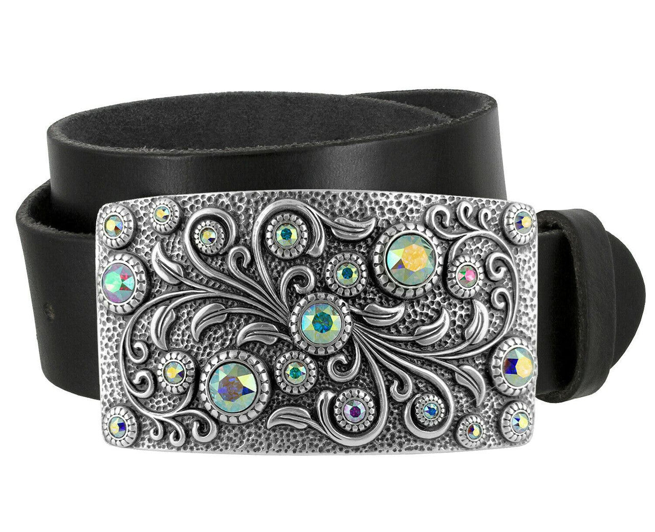 Rhinestone Belt Rhinestone Crystal Buckle Full Grain Leather Belt 1-1/2"(38mm) Wide