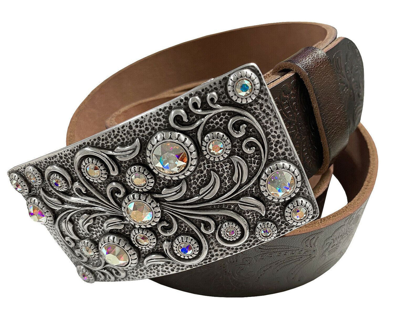 Rhinestone Belt Rhinestone Crystal Buckle Full Grain Tooled Leather Belt 1-1/2"(38mm) Wide