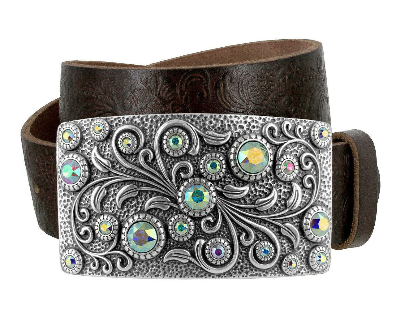 Rhinestone Belt Rhinestone Crystal Buckle Full Grain Tooled Leather Belt 1-1/2"(38mm) Wide
