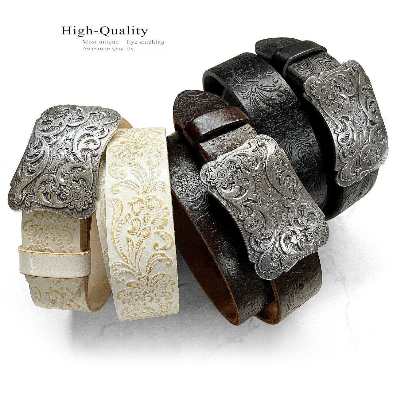 Cowtown Western Floral Engraved Buckle Tooled Full Grain Leather Belt 1-1/2"(38mm) Wide