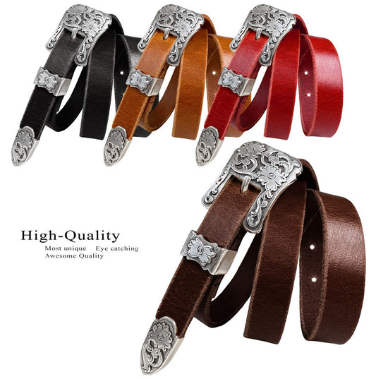 Women's Belt Antique Floral Engraved Buckle Genuine Full Grain Leather Dress Belt 3/4"(19mm) Wide
